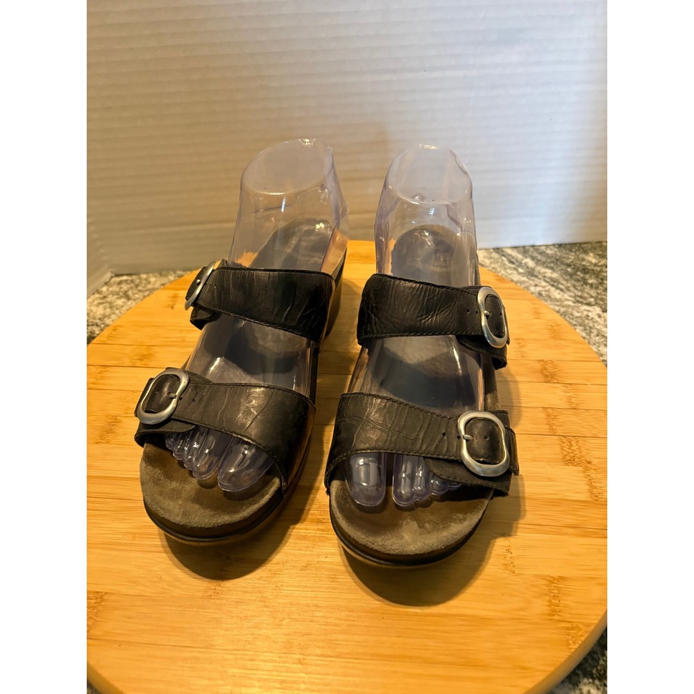Dansko Women Black Leather Double‎ Buckle Slide Wedge Sandals Size 40